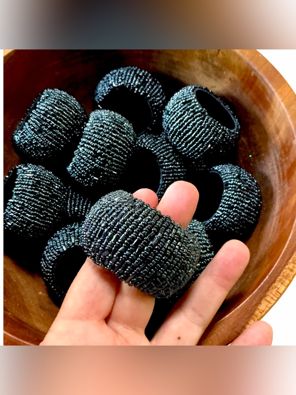 Set/19 Kim Seybert Napkin Rings Beaded Jeweled Black New Condition Elegant
